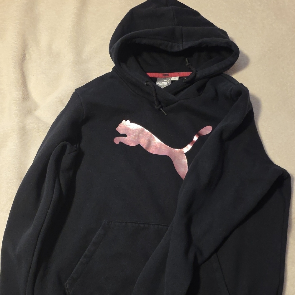 Puma Black Hoodie with Metallic Pink Logo